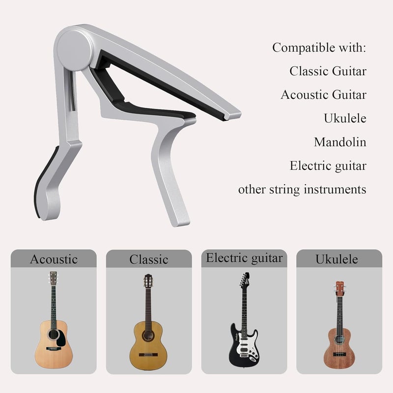 DIDA Guitar Capo for Acoustic, Classical, Electric Guitars, Ukulele, Mandolin, Banjo, and other string musical instruments, Quick Release, Memory Silicone Pad, Buzzing-Free (Black & Silver) - Image 2